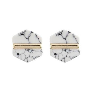 White Marble Hexagon Statement Stud Earrings