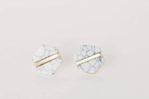 White Marble Hexagon Statement Stud Earrings