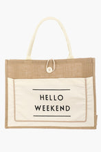 Load image into Gallery viewer, Fame Hello Weekend Burlap Tote Bag